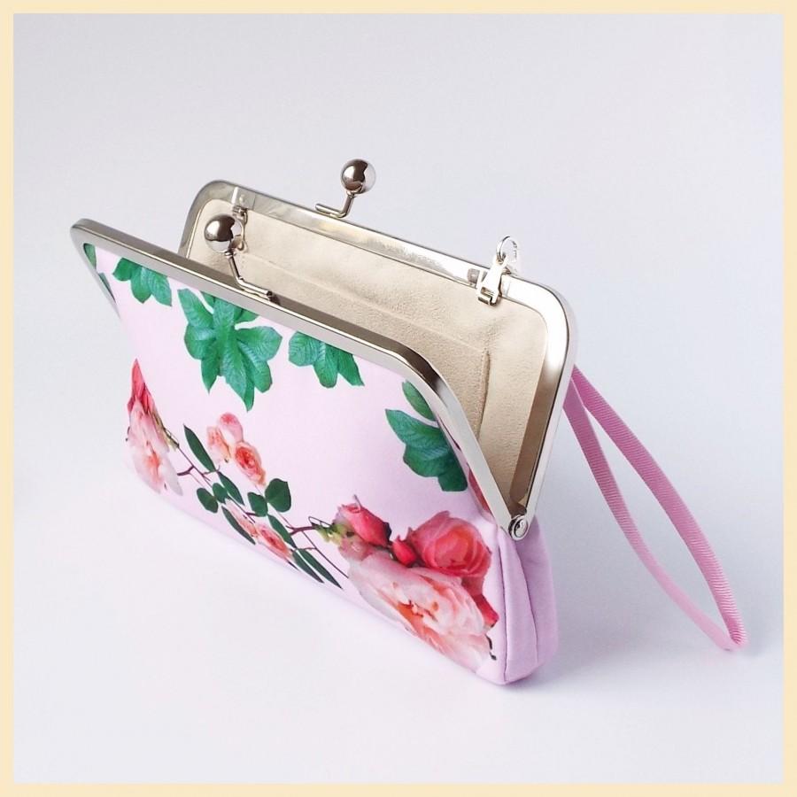 Wedding - wedding clutch bag, pink floral clutch, bridesmaids clutch, handmade evening purse with pink roses
