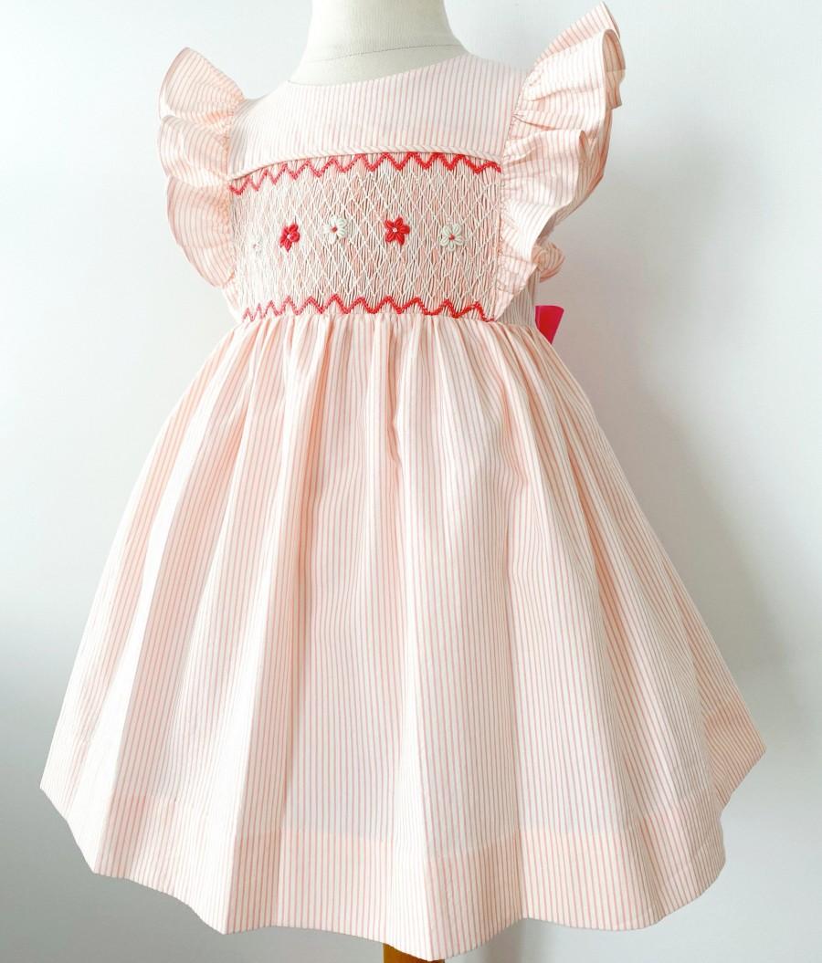 زفاف - Spring summer dress, theodorA cotton striped white coral pink, baby girl child, embroidered, handmade embroidery, wedding, baptism,