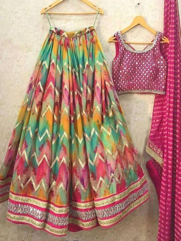 Wedding - Multicolored Tapetta Silk Digital Printed Lehenga Choli Banglori Lengha Chunri With Silk blouse Foil Mirror Work And Zari Work Bollywood