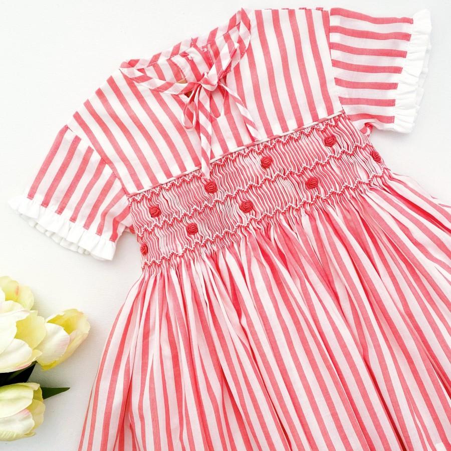 زفاف - Spring summer dress, SMocked ELEONORE white coral pink striped cotton, baby girl child, embroidered, handmade embroidery, wedding, baptism,