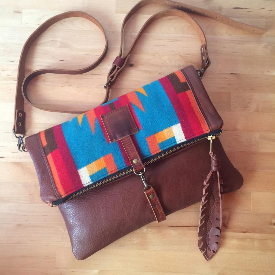 Mariage - Wool and Leather Convertible Purse, Crossbody Bag, Foldover Leather clutch, Pendleton Wool handbag