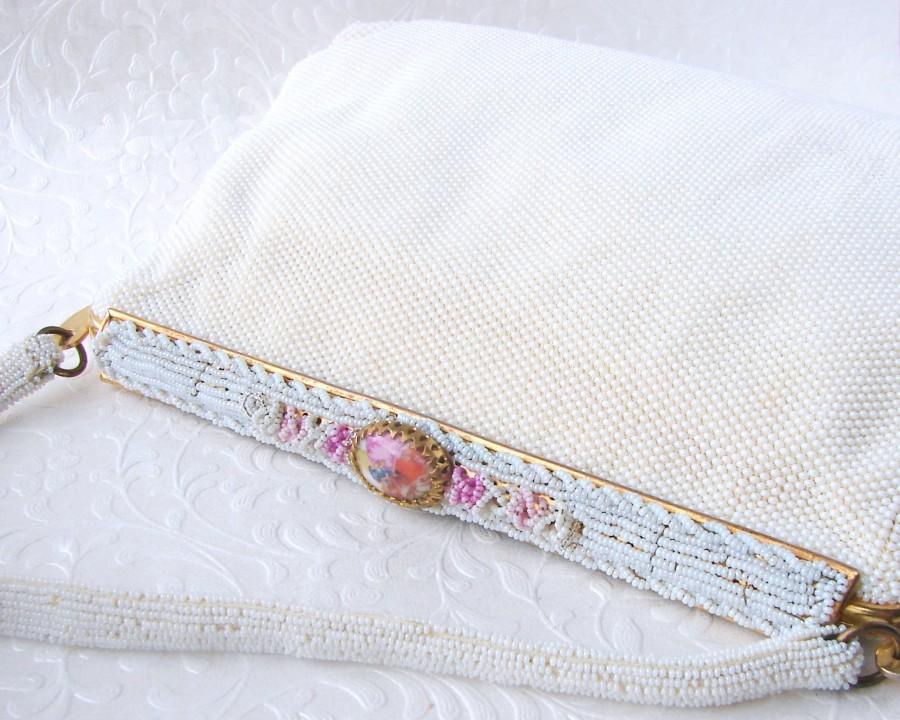 Mariage - Vintage French Beaded Wedding Purse Ornate Frame Pink Beads Cameo Couple Bridal Clutch Formal Evening Handbag Bead Strap Hand Made France