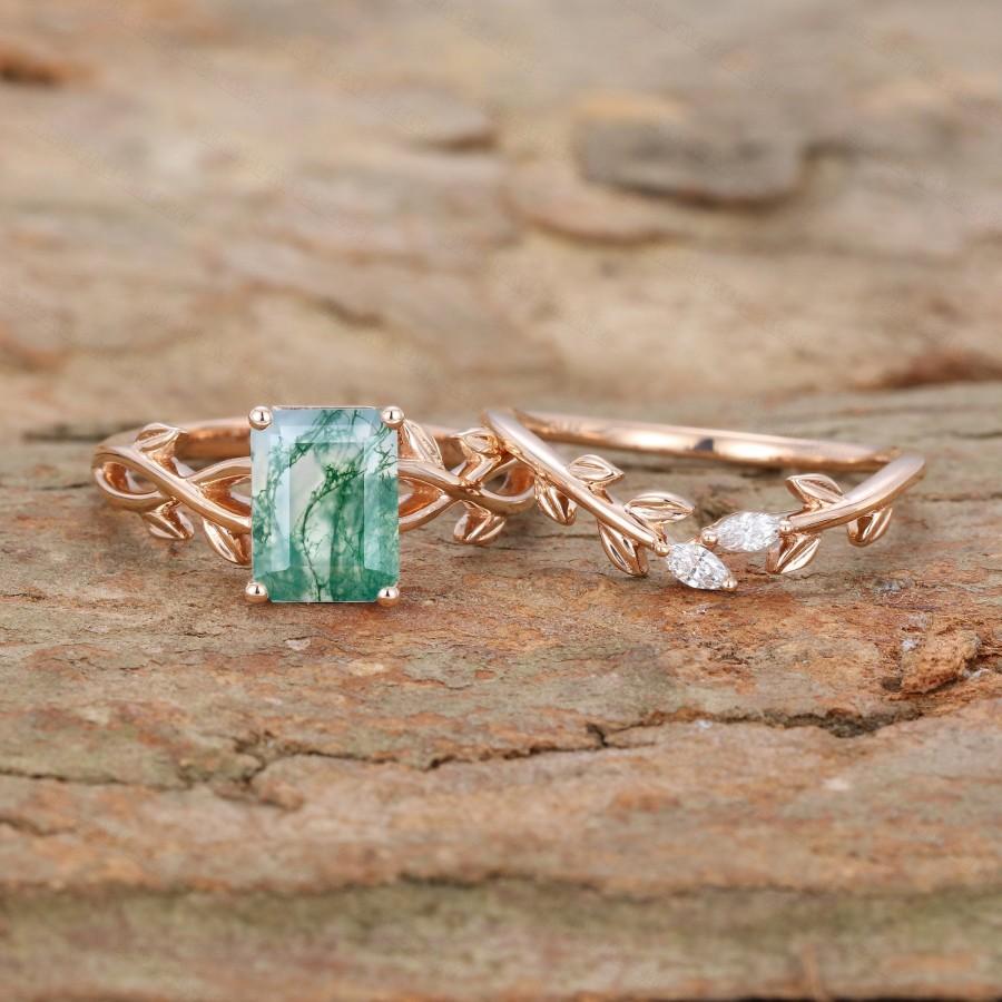زفاف - Emerald cut Moss Agate Engagement Ring set Rose gold Art deco Engagement Ring Marquise leaf Wedding ring Vintage Anniversary gift for her