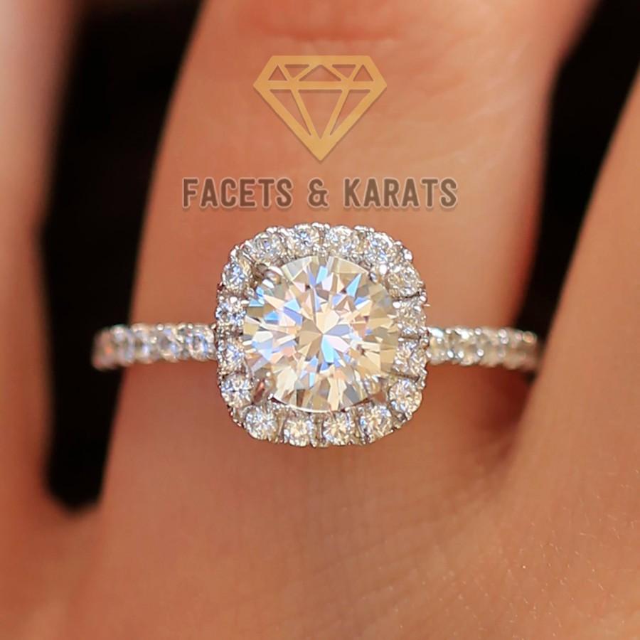 زفاف - 2 Carat Round Cut Engagement Ring Halo Solid 14k White Gold Lab Created Man Made Synthetic Simulated Diamonds, Wedding Ring, Bridal Ring