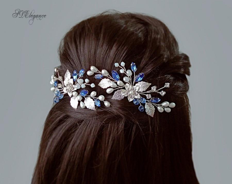 Wedding - Blue Bridal Hair Pin, Navy Blue Hair Piece, Silver Wedding Hair Pin Set, Sapphire Hair Accessory, Something Blue Jewelry, Royal Blue Wedding