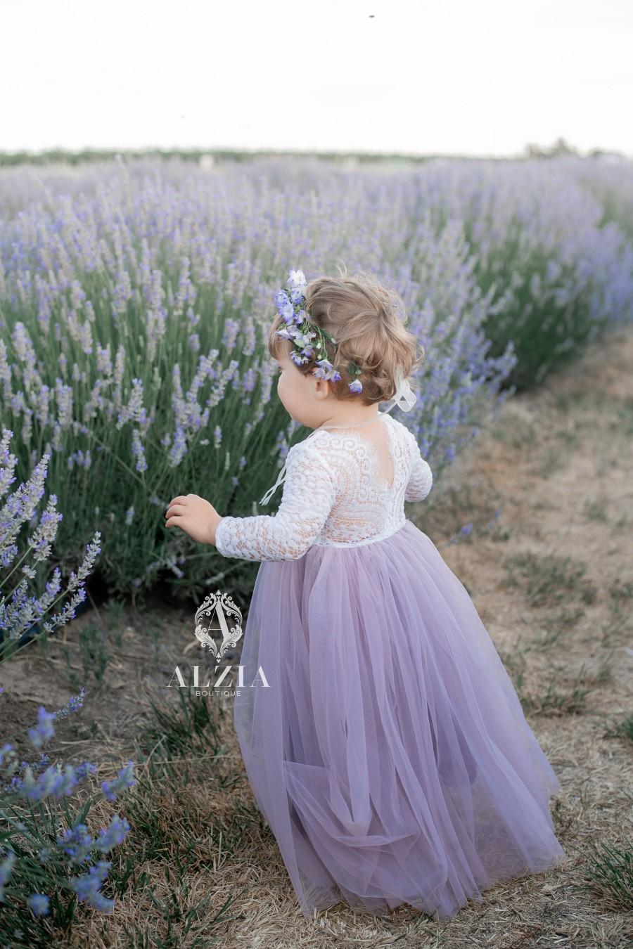 زفاف - Lilac Vintage Violet Light Dusty Purple Tulle Lace Top Scalloped Edges Back Party Flower Girl Dress