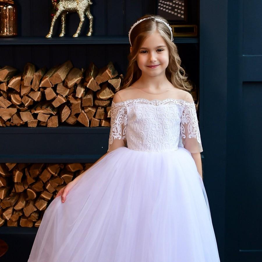 زفاف - White lace Flower Girl Dress-tutu Flower Girl dress- first communion dress - tutu dress toddler-pageant dress-festive girl dress