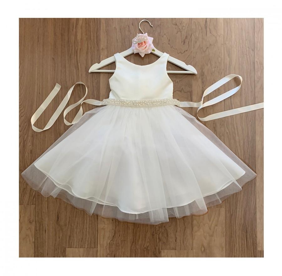 Hochzeit - Classic Ivory Satin and Tulle Flower Girl Dress with a detachable Pearl and Satin Sash belt 