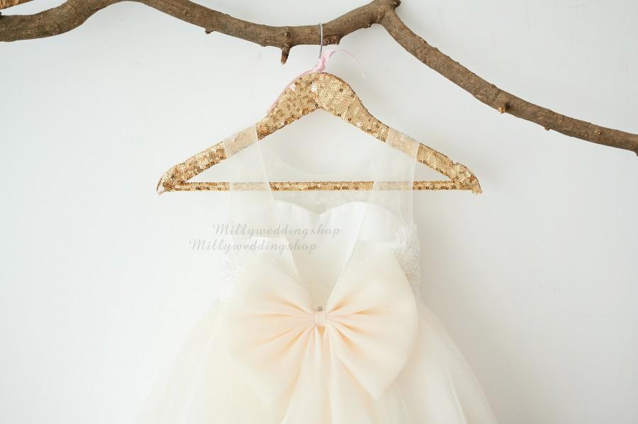 Hochzeit - Beaded Lace V Back Champagne Tulle Wedding Flower Girl Dress M0084