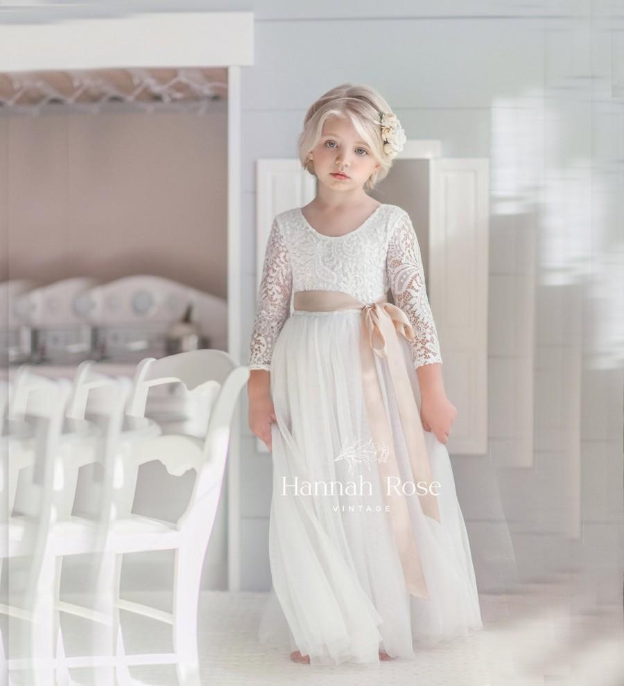 Mariage - Flower Girl Dress, Beautiful White Ivory Long Flowing Flower Girl Gowns, Boho Vintage Flower Girl Dresses, White Flower Girl Dress