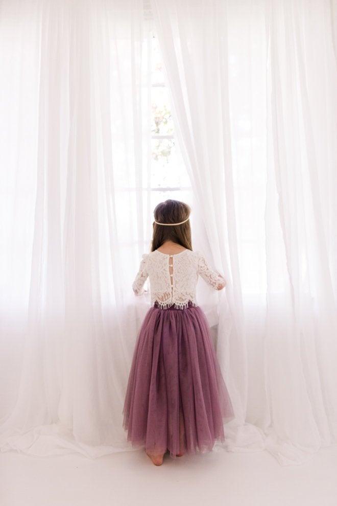 Mariage - Lilac Purple Tulle Two Piece Skirt, White Lace Flower Girl Dress, Boho Beach Wedding, Buttons, Bohemian, Amethyst, Orchid, Mauve, Violet