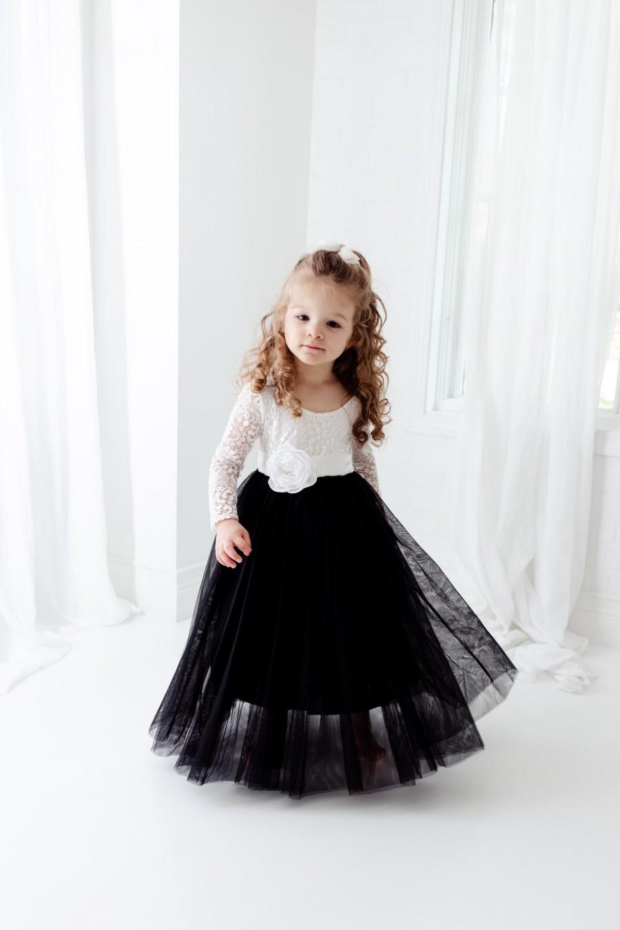 Hochzeit - Black and White Flower Girl Dress, Black Tulle Long Sleeve Dress, White Boho Dresses