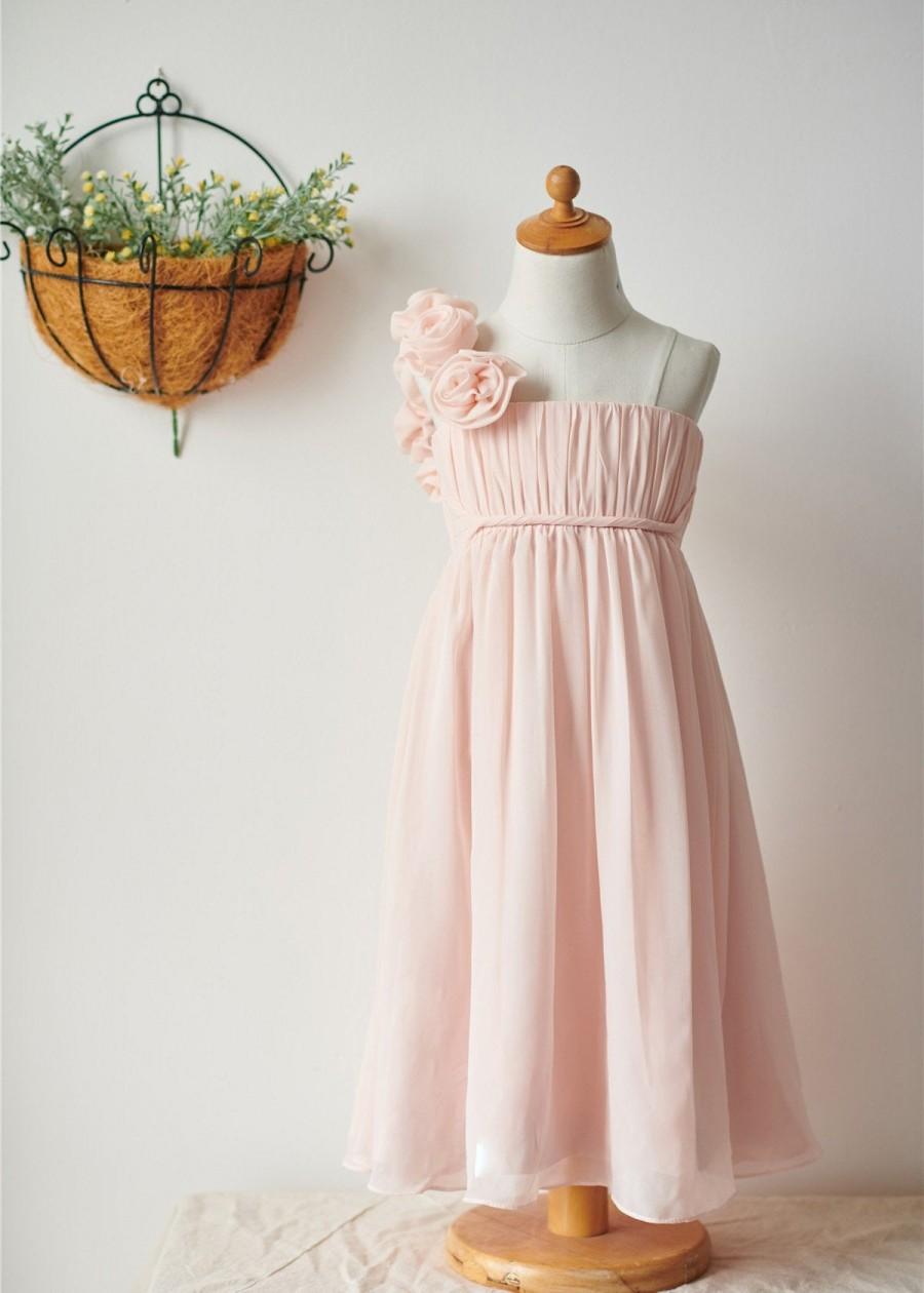 Свадьба - One Shoulder Blush Pink Chiffon Knee Length Flower Girl Dress