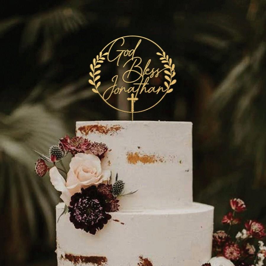 زفاف - Baptism cake topper, God bless cake topper, Wreath Christening cake topper, First Communion Cake topper, Personalized