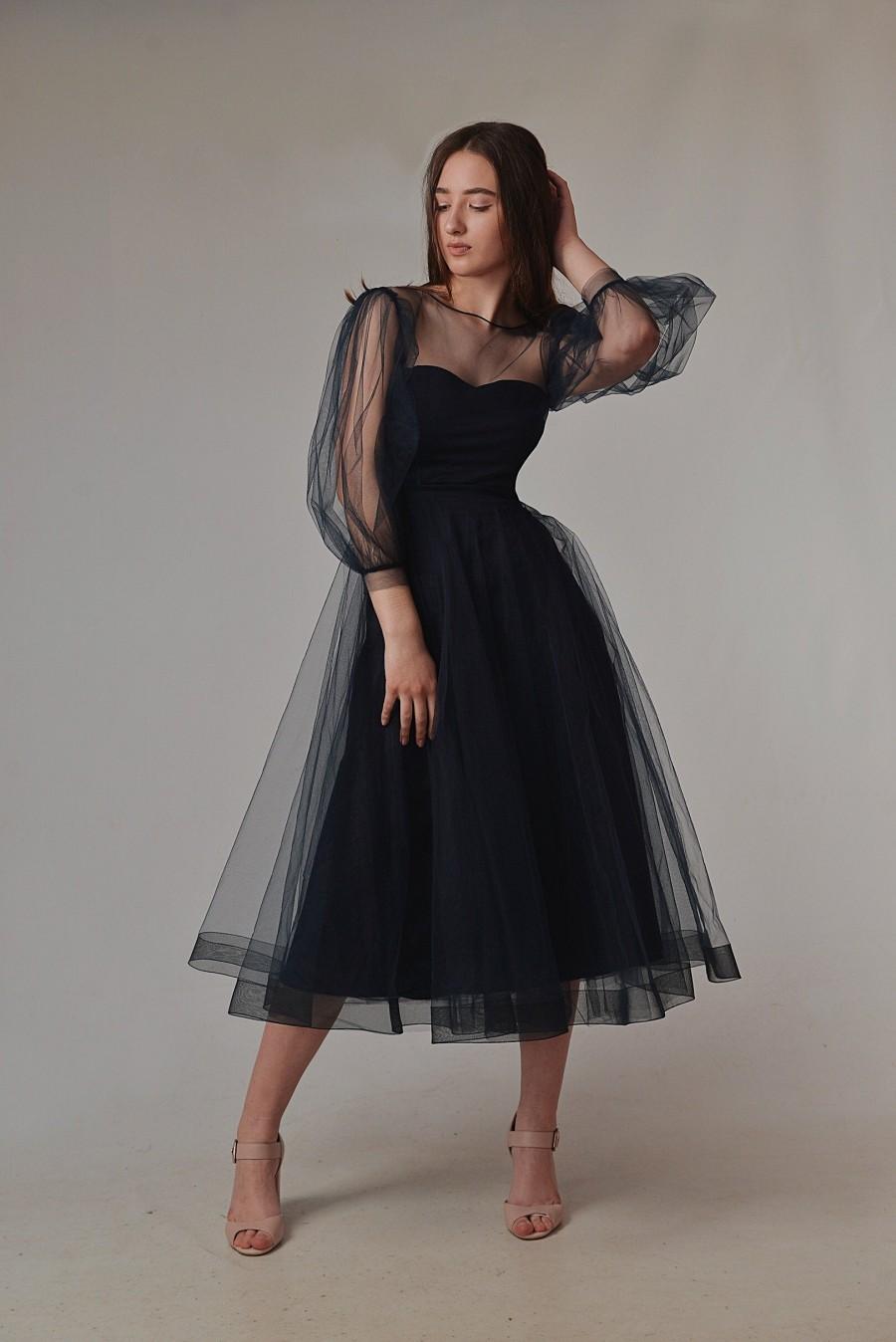 Hochzeit - Wedding or evening dress with puffy sleeves Simple engagement dress Dark blue midi dress White tulle dress