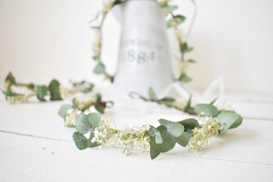 زفاف - Dried eucalyptus flower crown rustic wedding hair piece bridal hair accessories gypsophila crown babys breath crown boho bridal crown