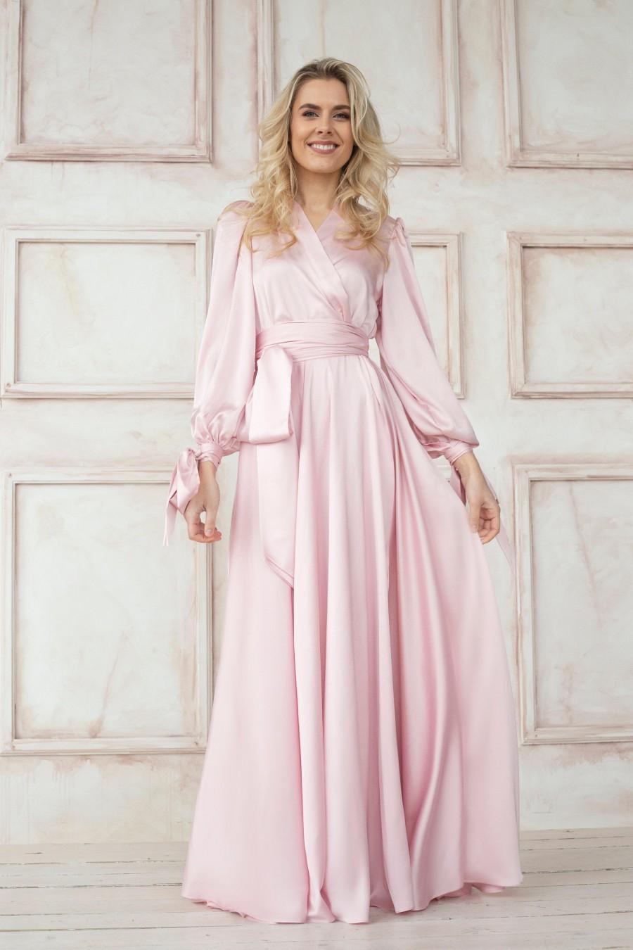 Mariage - Dusty Dress Wrap Dress Bridesmaid Bridesmaid Dress with Sleeves,Blush Pink Long Wrap Dress,Maxi Wrap Dress,Long Sleeve Dress Wrap Dress