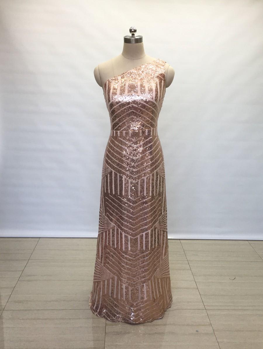زفاف - Sheath One-Shoulder Rose Gold Pattern Sequin Long Bridesmaid Dress
