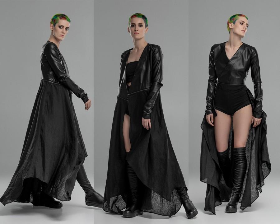 Wedding - Black maxi dress, long sleeves linen & eco leather dress, wrap zip dress, gothic party dress, A0355