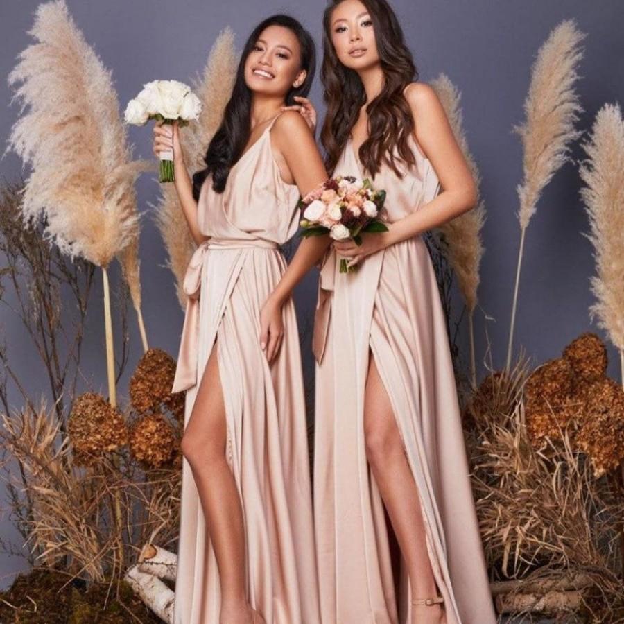 Mariage - Rose gold bridesmaids dresses Satin long dress Wedding guest dress Rose gold formal dress Cocktail dress