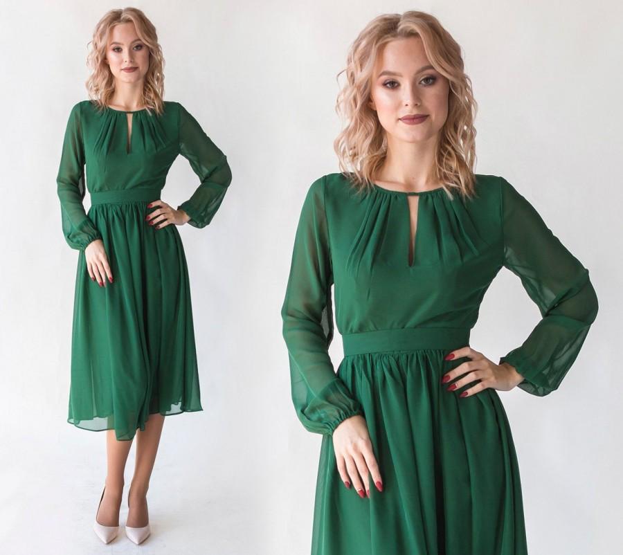 Wedding - Romantic Emerald Cocktail Flowy Dress With Long Sleeves / Tender midi chiffon dress for womens / Wedding party gown / Elegant prom dress