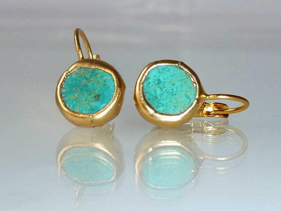 Wedding - Turquoise earrings, Unique Gift, Gift For Women, simple everyday, ocean jewelry,framed stone, Gold post fashion earrings.