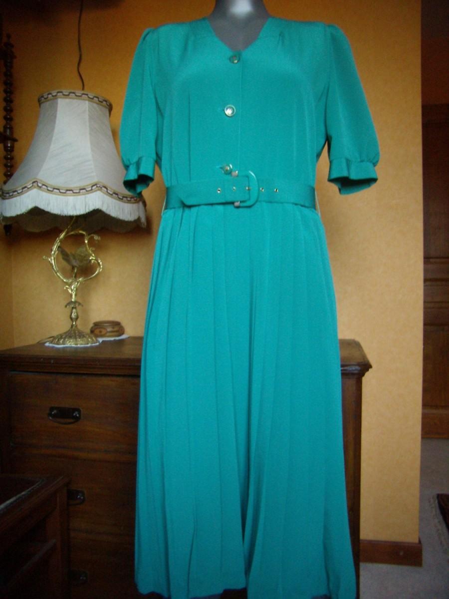 زفاف - Turquoise, pleated, spring, women's dress, French Vintage 1980, Size 42/M, short sleeves, sun pleated skirt, light green
