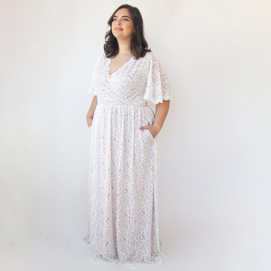 Mariage - Ivory lace with blush lining dress ,Butterfly Sleeves Ivory wedding dress with pockets #1331