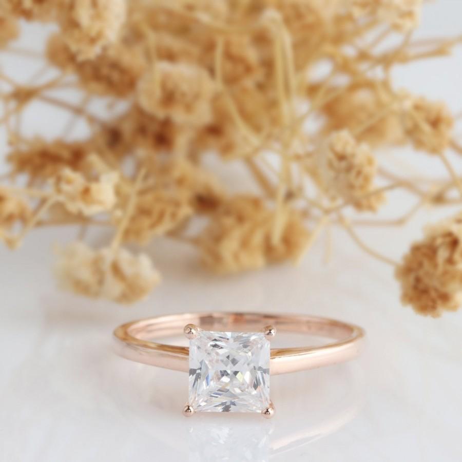 زفاف - Hidden Halo Moissanite Ring, Princess Cut 6mm Esdomera Moissanite Engagement Ring, Solitaire Ring, 14k Rose Gold, Art Deco Wedding Ring