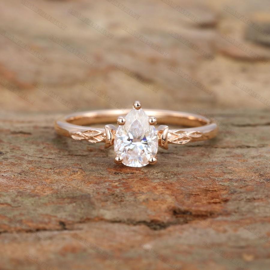 Hochzeit - Unique Moissanite engagement ring Rose gold Pear shaped solitaire engagement ring women vintage Moon Leaf wedding Bridal anniversary gift