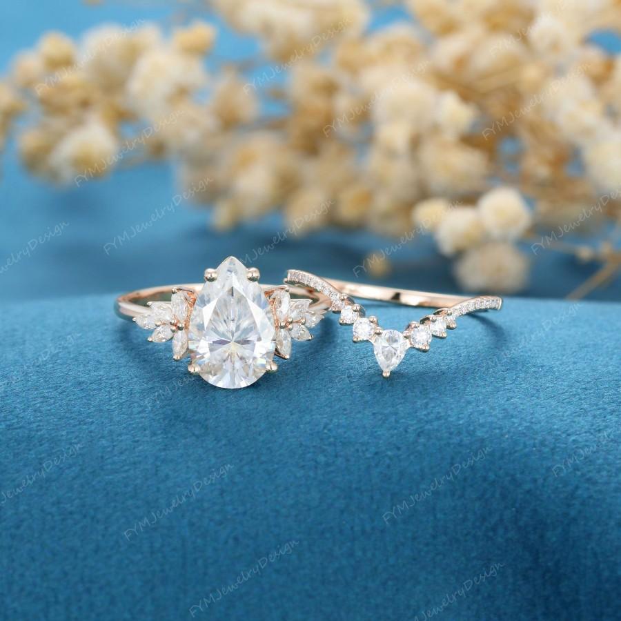 Свадьба - Pear shape Cluster Moissanite engagement ring set rose gold vintage engagement ring Diamond curve wedding Bridal Promise gift for women