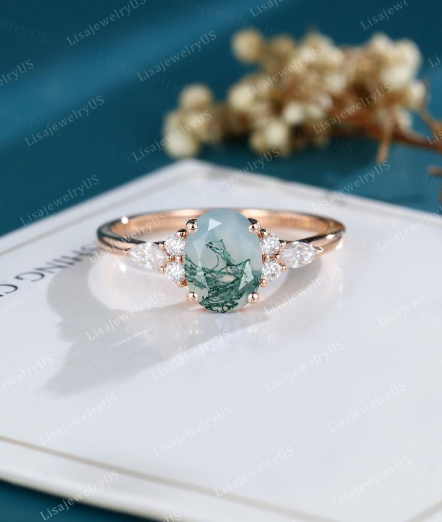 Свадьба - Oval Moss Agate engagement ring Rose gold vintage engagement ring Art deco Dainty marquise diamond unique wedding Bridal promise ring