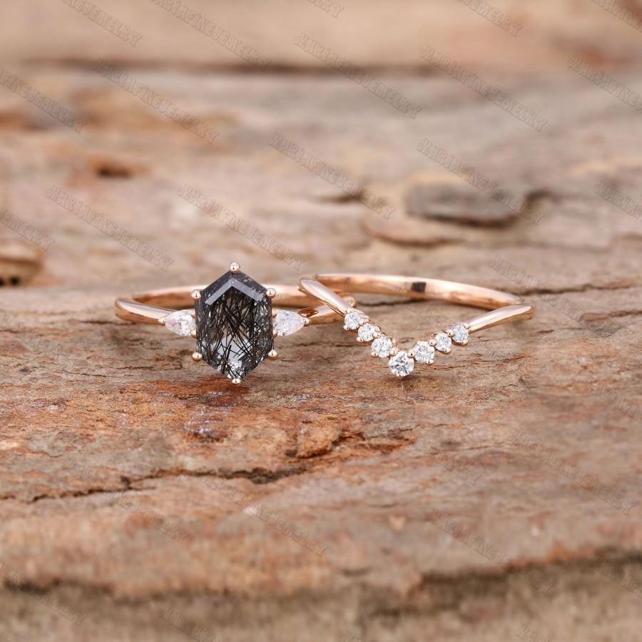 Свадьба - Hexagon cut Black Rutilated Quartz engagement ring set Vintage Rose gold engagement ring  diamond curve wedding Anniversary Promise gift