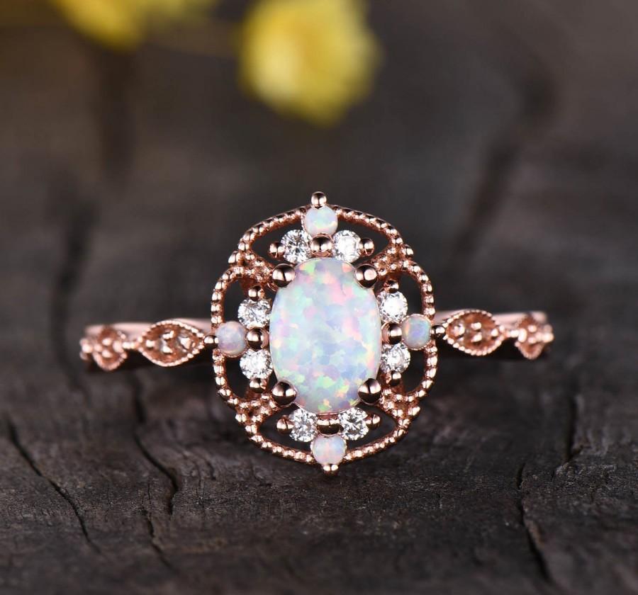 Mariage - Opal Engagement Ring,Art Deco Opal ring,Vintage Filigree Ring,Antique Flower Wedding Ring,Unique Engagement Ring Rose Gold