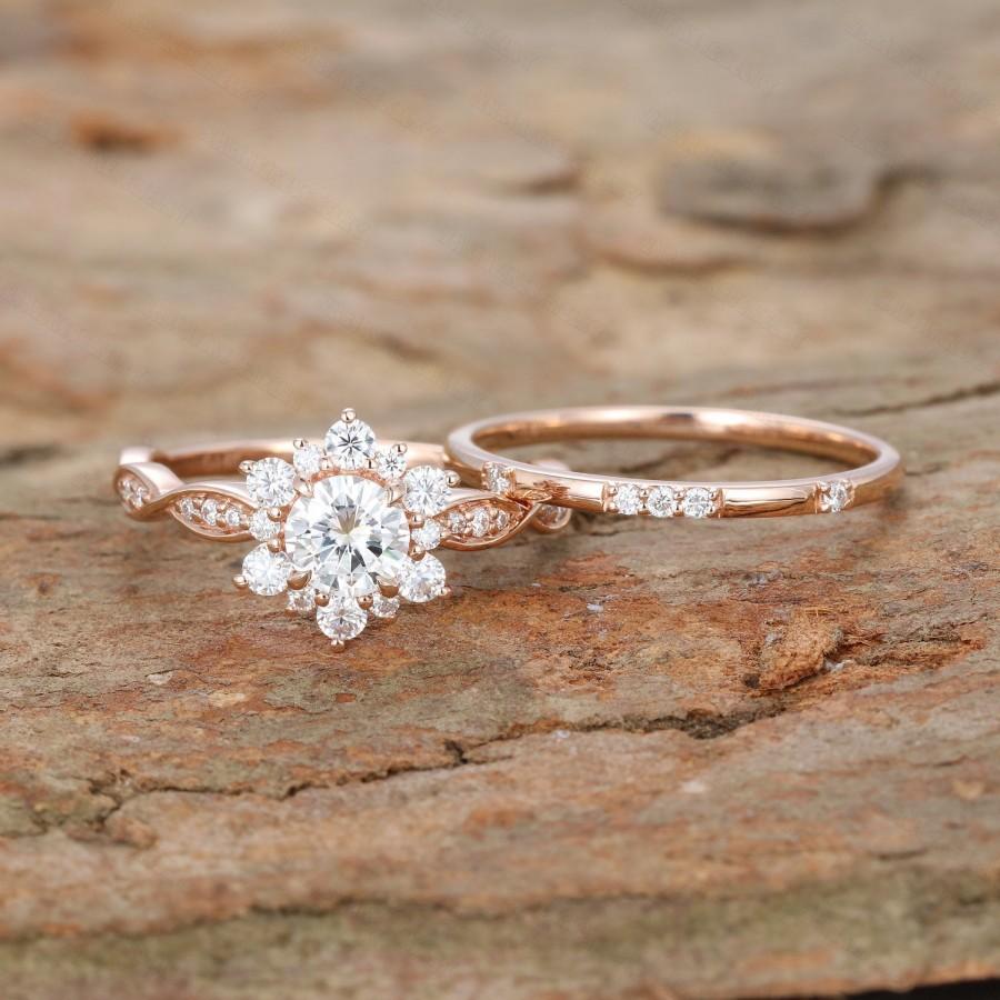 Wedding - Round cut moissanite Engagement Ring set Rose gold diamond Engagement Ring Milgrain wedding ring Vintage Bridal Aniversary promise gift