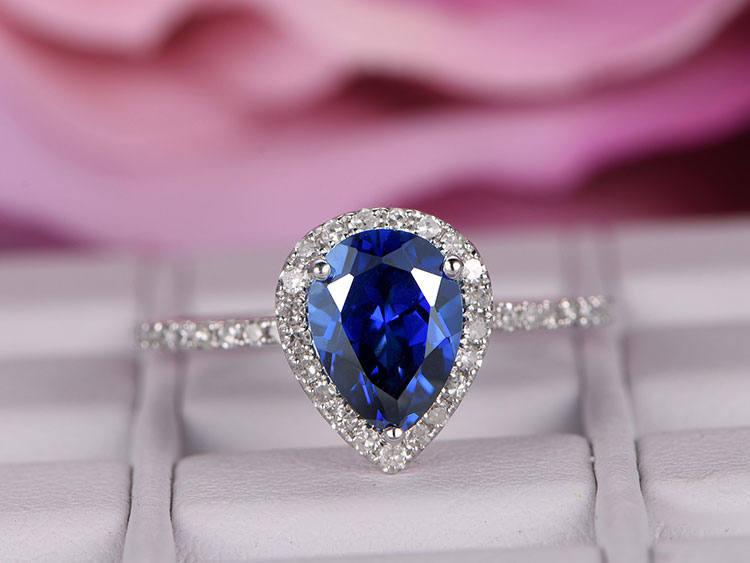 Hochzeit - 6x8mm Sapphire Engagement Ring/14k white gold diamond band/Halo Stacking /Pear Cut wedding ring/Blue birthstone gift/Pave set/Half Eternity