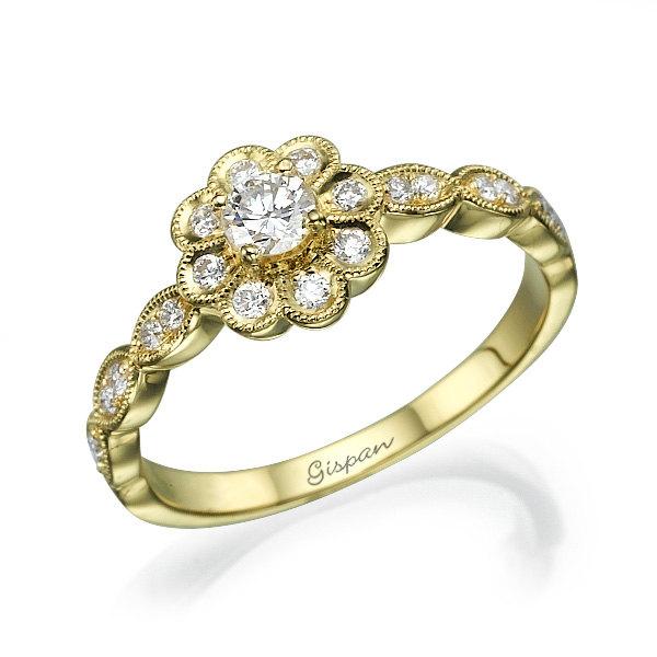 Wedding - Flower Engagement Ring, Yellow Gold Ring, Unique Engagement Ring, Flower Band, Promise Ring, Cocktail Ring, Statement Ring, Floral Ring