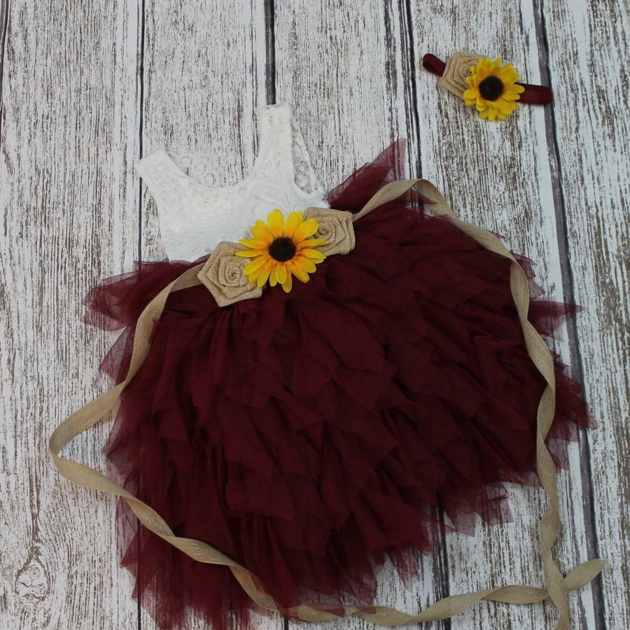 Wedding - Burgundy Flower Girl Dress Sunflower Sash Tulle Rustic Dress White Lace Sleeveless Flower Girl Dress