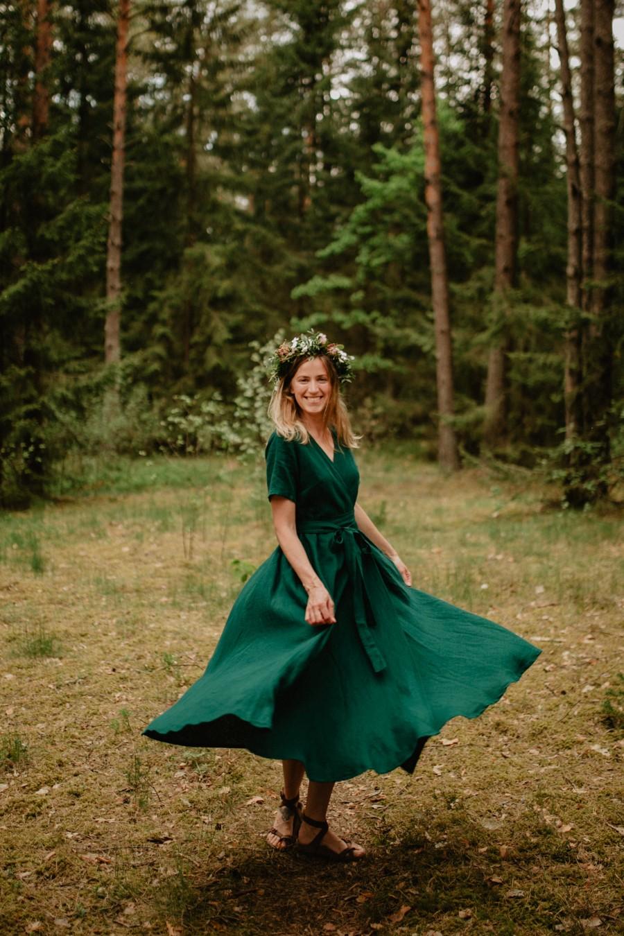 Hochzeit - Lisbon Dress - Wrap Linen Dress - Linen Dress - Romantic Dress - Wide Skirt Dress - Linen Clothing - Summer Dress- Green Dress - Women Dress