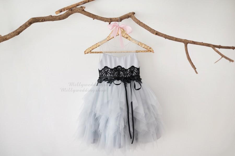 Mariage - V Back Silver Grey Tulle Black Lace Wedding Flower Girl Dress M0079