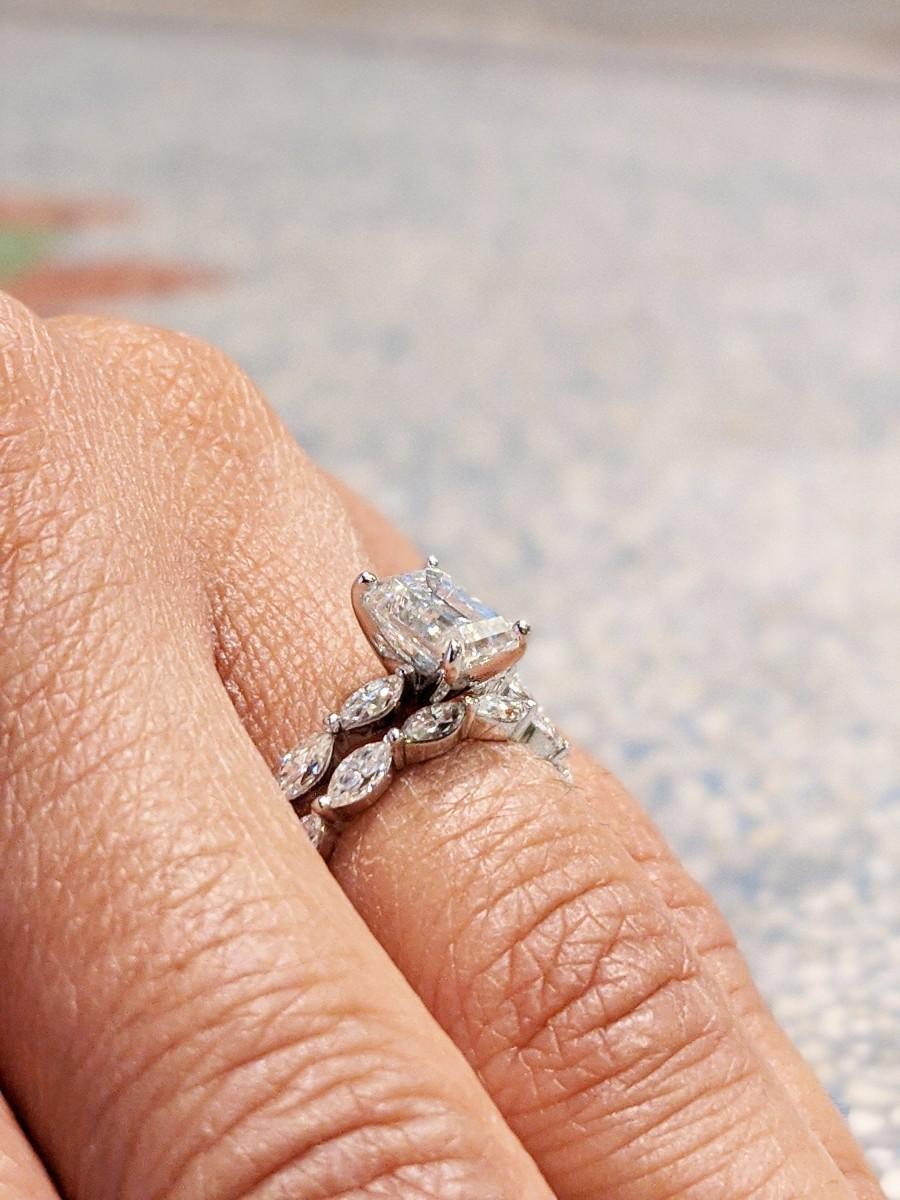 Свадьба - Emerald cut Moissanite engagement ring set vintage rose gold engagement ring women marquise Diamond wedding Bridal gift for her