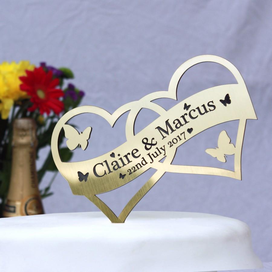 Hochzeit - Wedding Cake Topper Heart Cake Decoration. Gold,Silver,Mirror,Clear,Blue,Pink Personalised Topper also for Engagement or Anniversary.