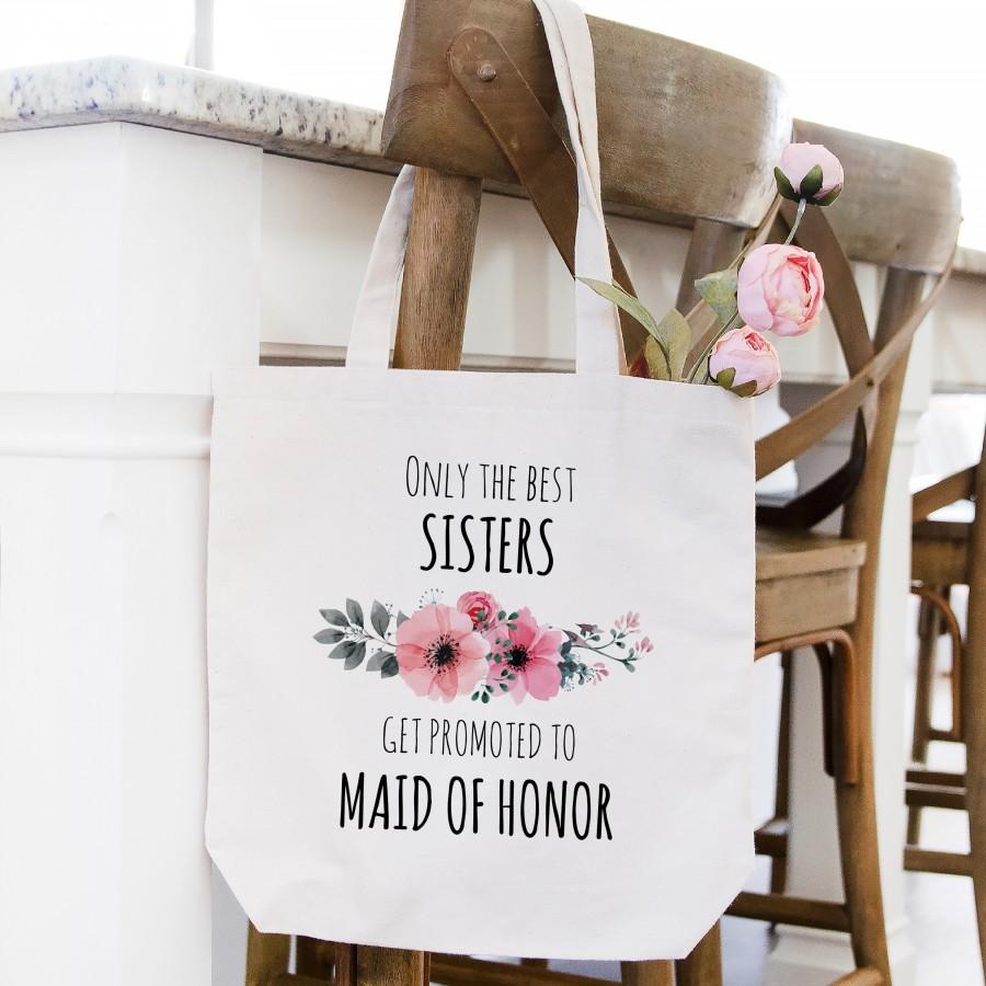 زفاف - Only The Best Sisters Get Promoted To Maid Of Honor Tote Bag, Sister Wedding Canvas Tote Bag, Moh Gift From Bride Gift