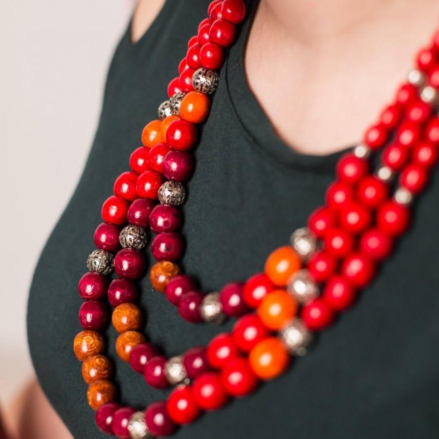 Wedding - Red, purple, orange wooden beaded necklaces for women. Multicolor necklace in three strands.