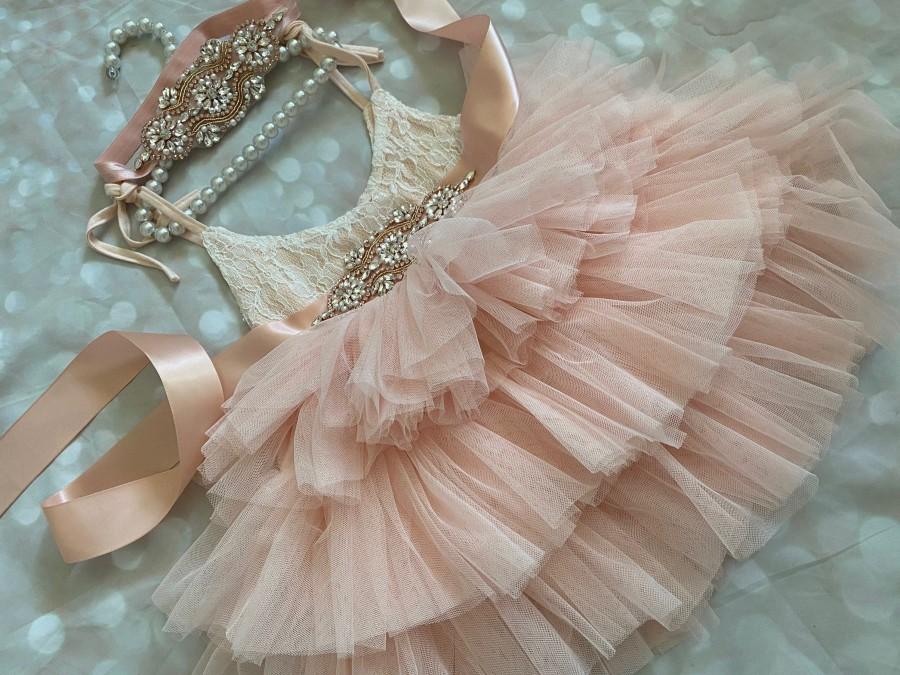 Mariage - Pink/ peach blush  Flower girl dress,  Lace top,Baby  toddler dress,tulle tutu flower girl dress, holiday dress