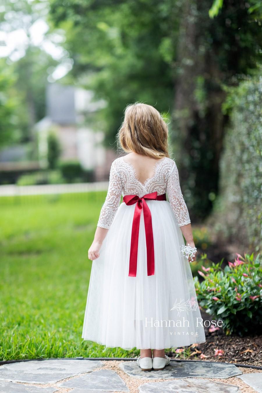 Mariage - White/Ivory Flower Girl Dress, Rustic Tulle and Lace, Boho Rustic Country Lace Vintage Flower Girl Dress, Country Couture Flower Girl Dress