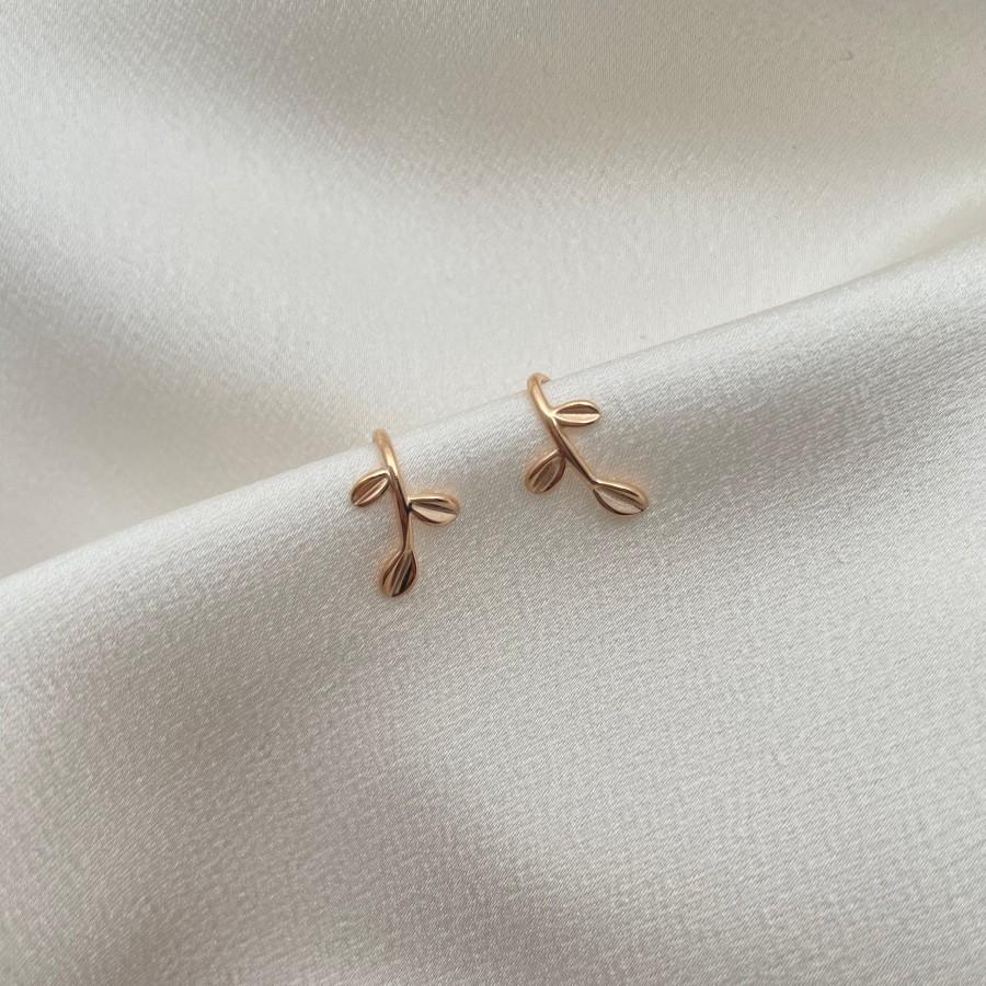 Hochzeit - Rose Gold Leaf Threader Earrings, Dainty Open Hoop Earrings, Small Leaf Horseshoe Earrings, Leaf Ear Hooks, Sterling Silver