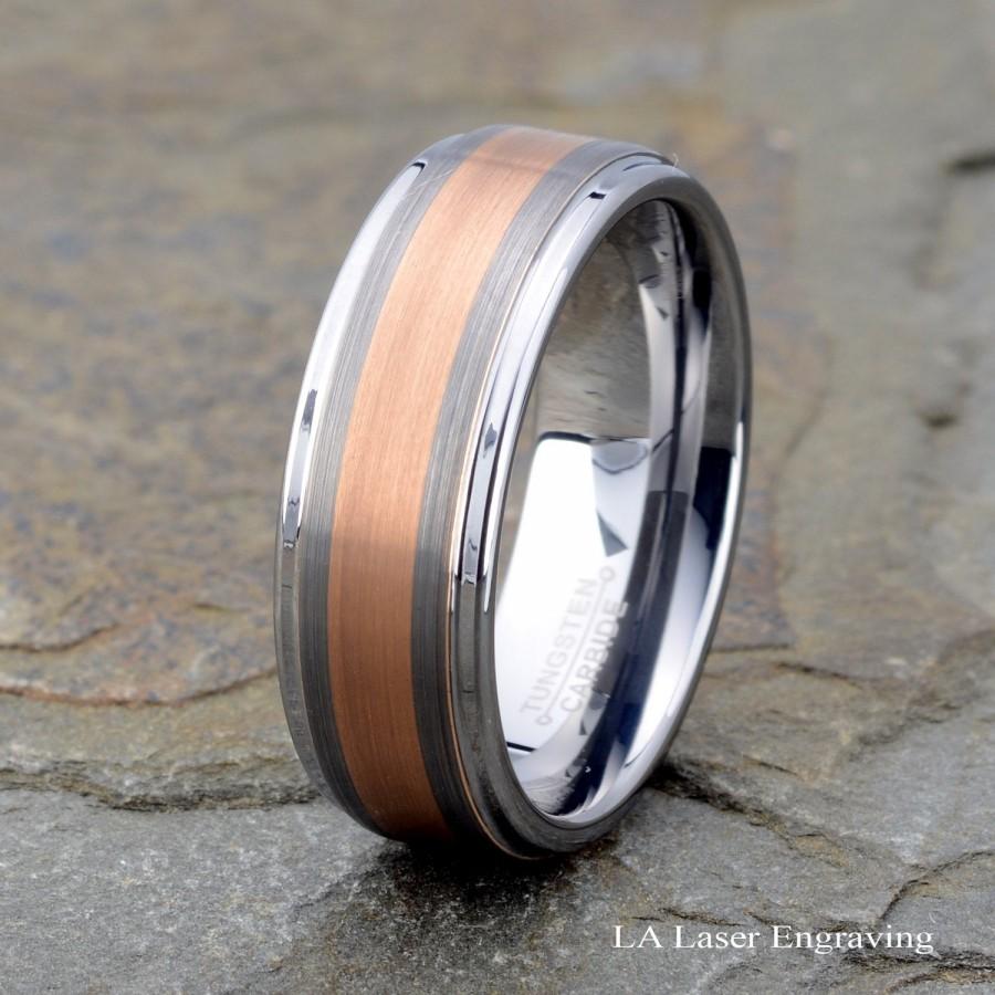 زفاف - Tungsten Wedding Band, Mens Tungsten Ring, Rose Gold Plated Tungsten Ring, Brushed Wedding Ring, Mens Ring, Tungsten, Free Laser Engraving