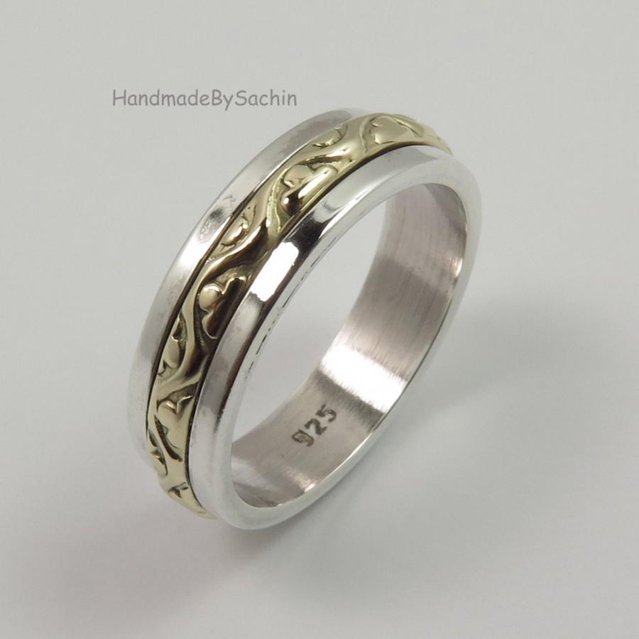 Mariage - 5mm band ring for men women unisex available All US Sizes Solid 925 sterling silver & golden brass TWO TONE designer jewelry from India