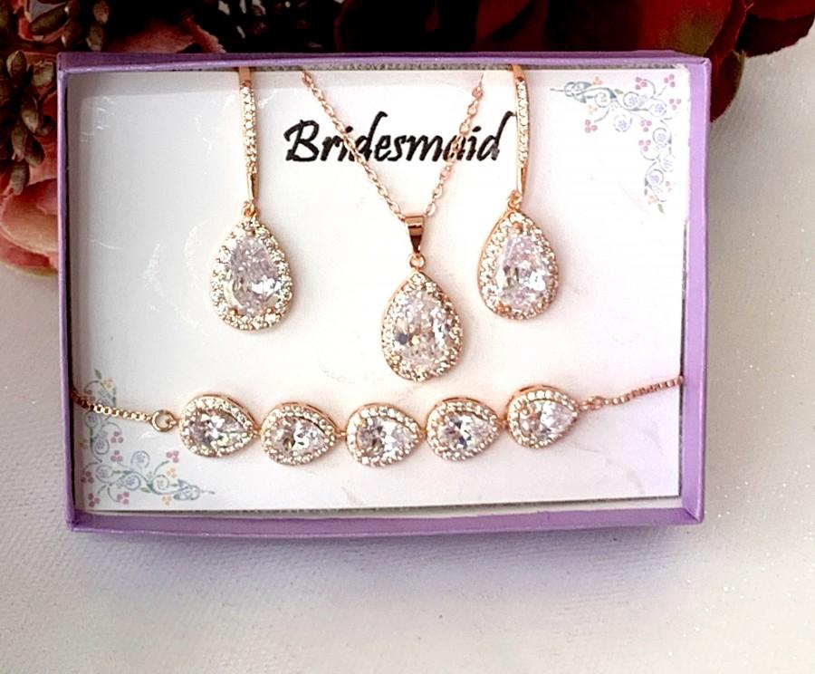 Wedding - Bridesmaid necklace bracelet earrings set, Bridesmaid necklace, Bridesmaid earrings, Wedding jewelry set, Rose gold jewelry, Proposal gift